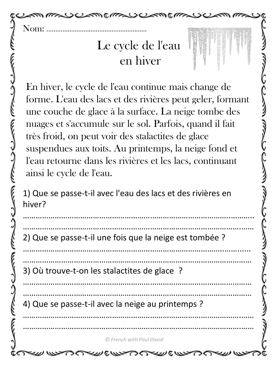 French reading passage about the winter water cycle, freezing, snow, icicles, and melting, with four questions