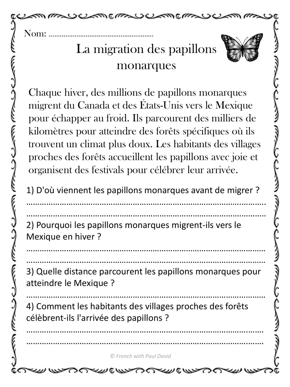French reading passage about monarch butterflies migrating from Canada and the U.S. to Mexico, with four questions