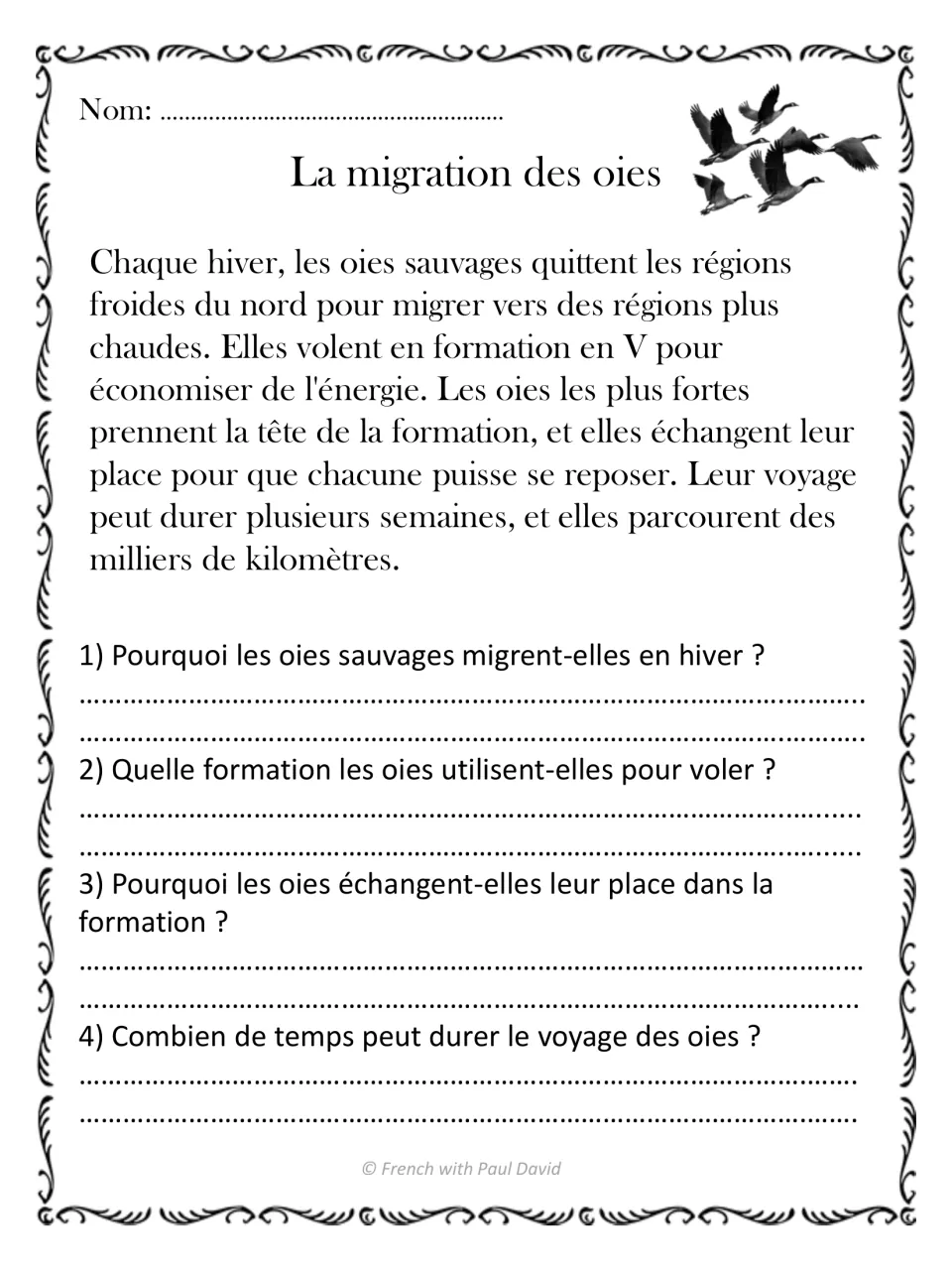 French reading passage about migrating geese flying in a V and taking turns leading, with four questions