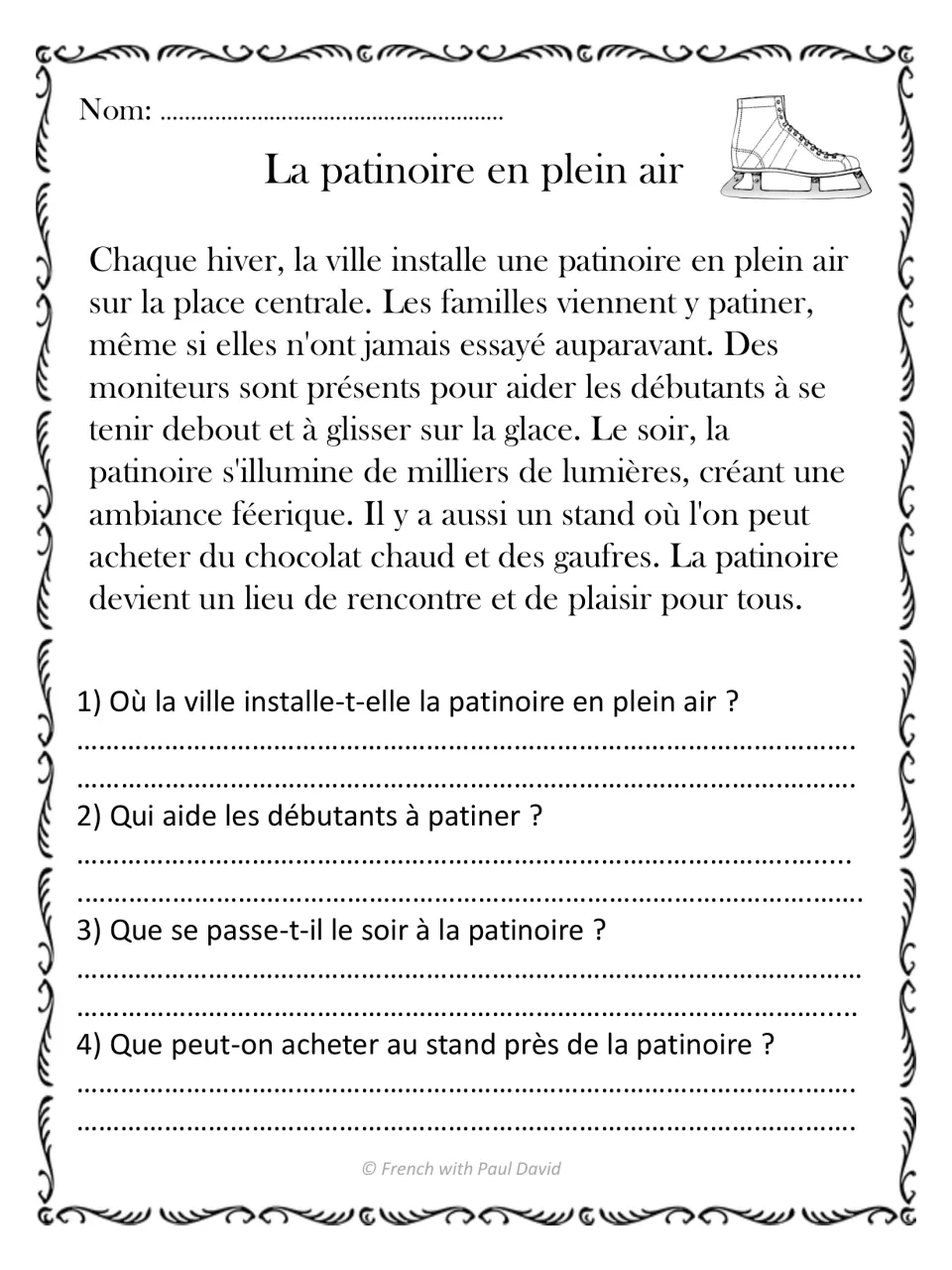 French reading passage about a town's outdoor ice rink, instructors, lights, and snacks, with four questions