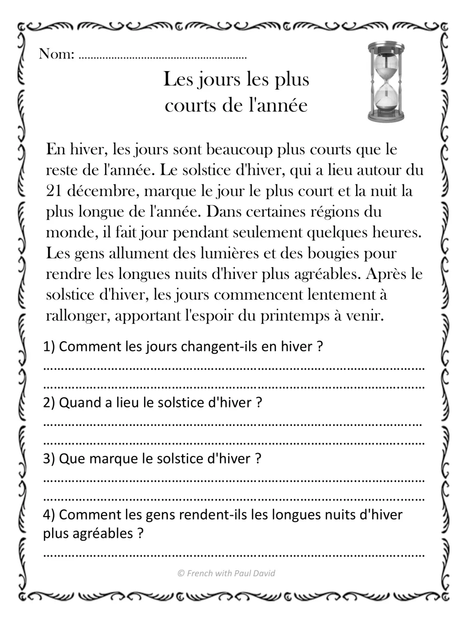 French reading passage about shorter winter days, the winter solstice, and lights, with four questions