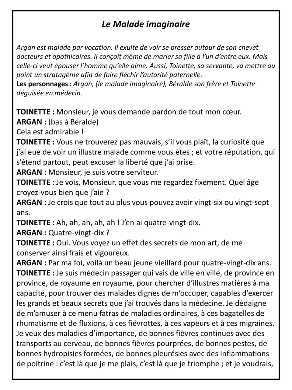 Molière reading passage, part 1: plot summary, cast list and dialogue where Toinette, posing as a doctor, flatters Argan