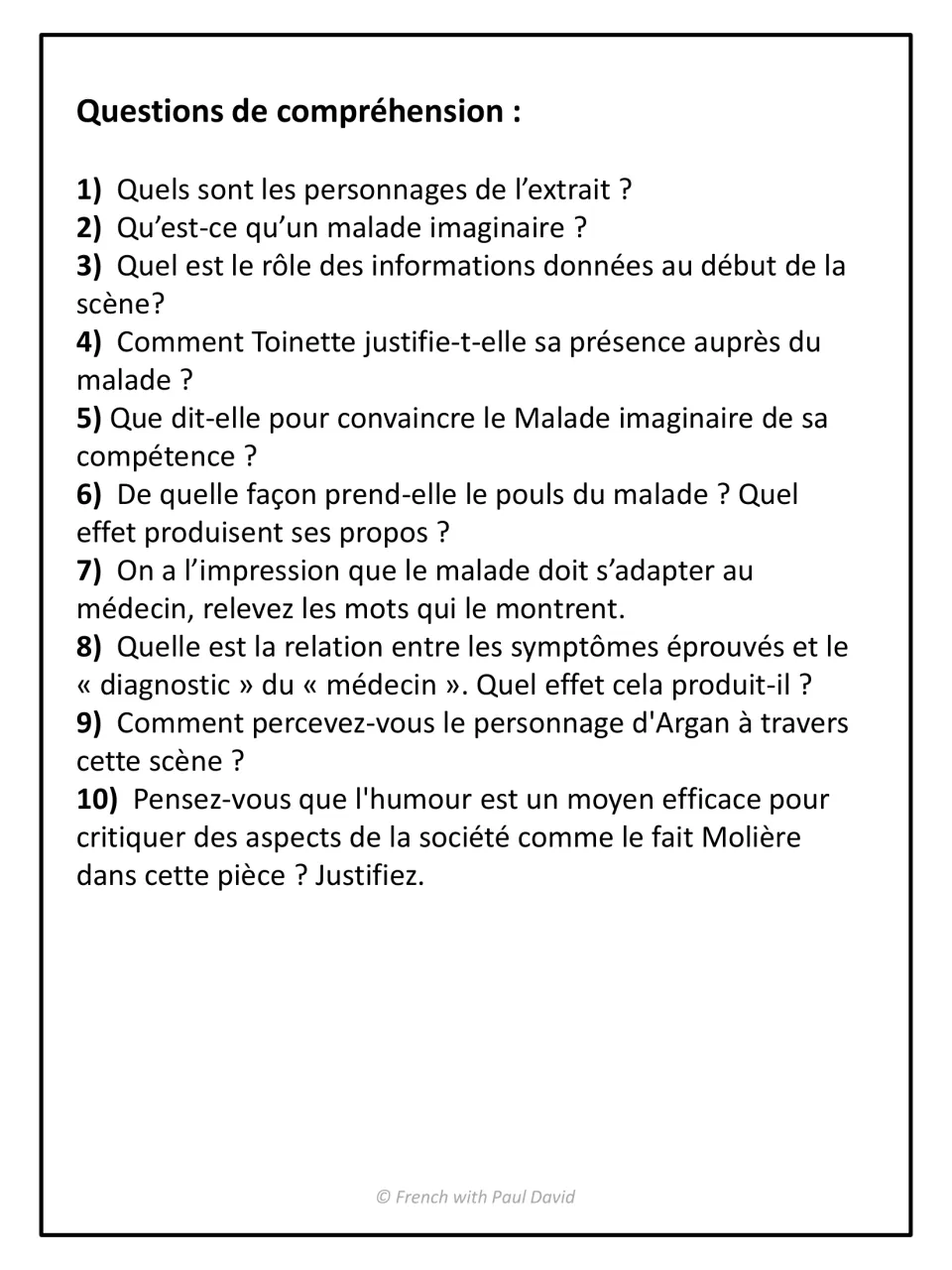 Questions de compréhension: 10 French questions on the characters, Toinette's disguise, the pulse scene and Molière's humour