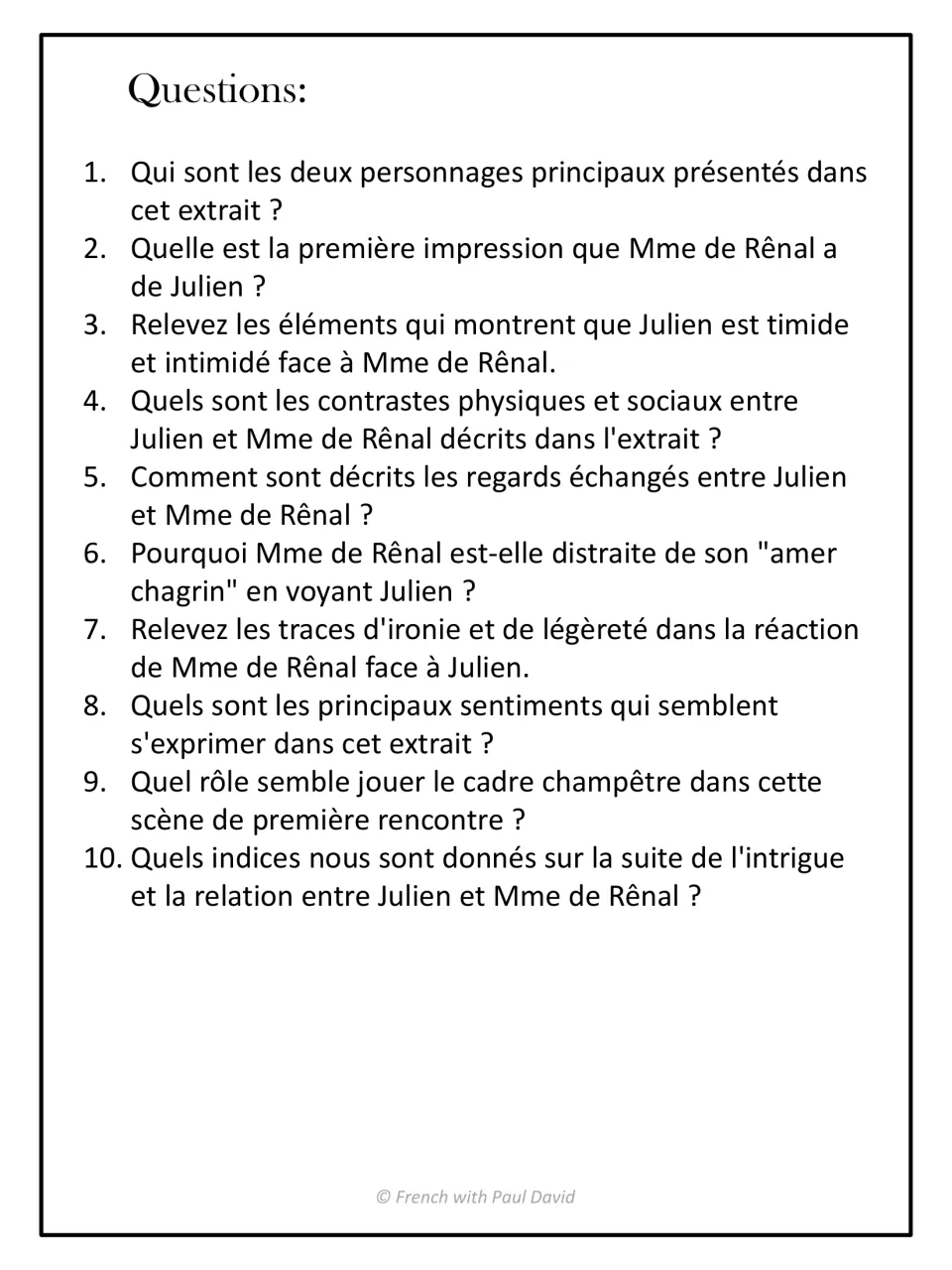 Questions: 10 French comprehension items on characters, first impressions, contrasts, irony and setting in the excerpt
