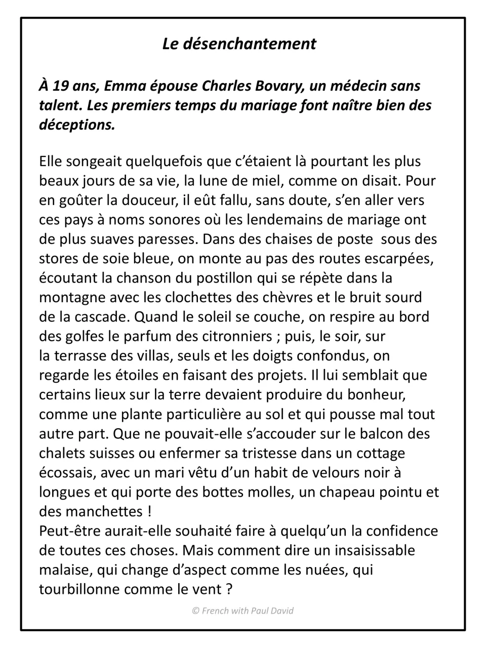 Le désenchantement, part 1: Flaubert passage on Emma Bovary's honeymoon daydreams of distant lands, read in French