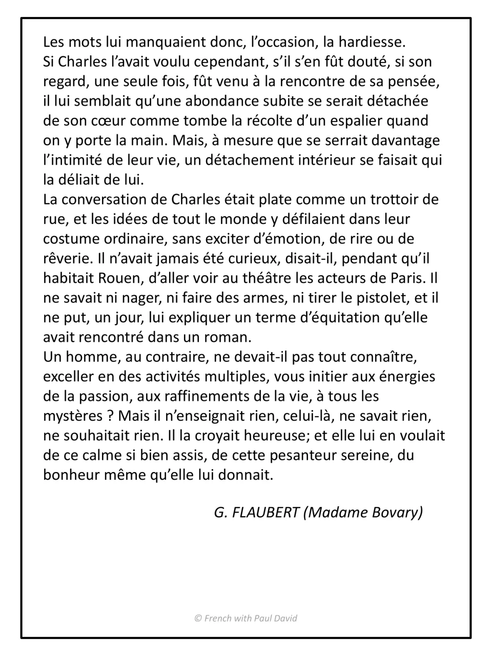 Le désenchantement, part 2: Emma's growing detachment from Charles and his dull conversation, signed G. Flaubert
