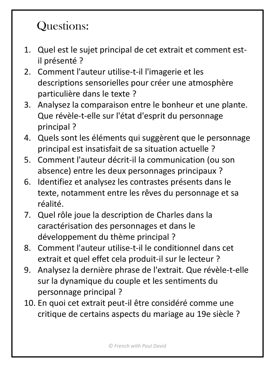 Ten French questions analysing the excerpt: imagery, the happiness-plant comparison, the conditional, marriage critique