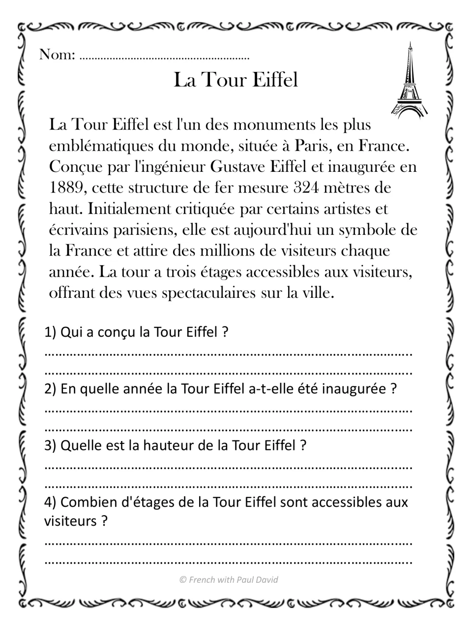 La Tour Eiffel: students read a French passage on the Paris tower, then write who designed it, its opening year and height
