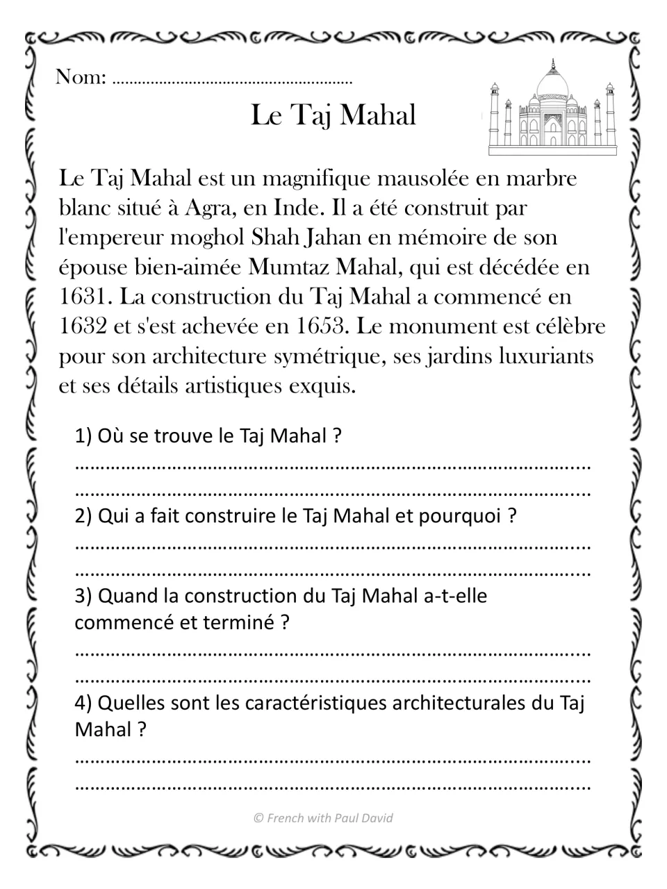 Le Taj Mahal: learners read about the marble mausoleum in Agra and answer who built it, why, when, and its architecture