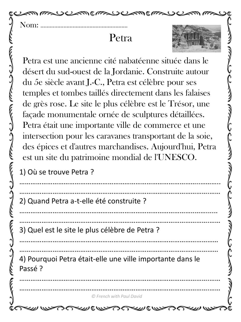 Petra: a short French text on the Nabataean city in Jordan; students answer 4 questions on its age, the Treasury and trade