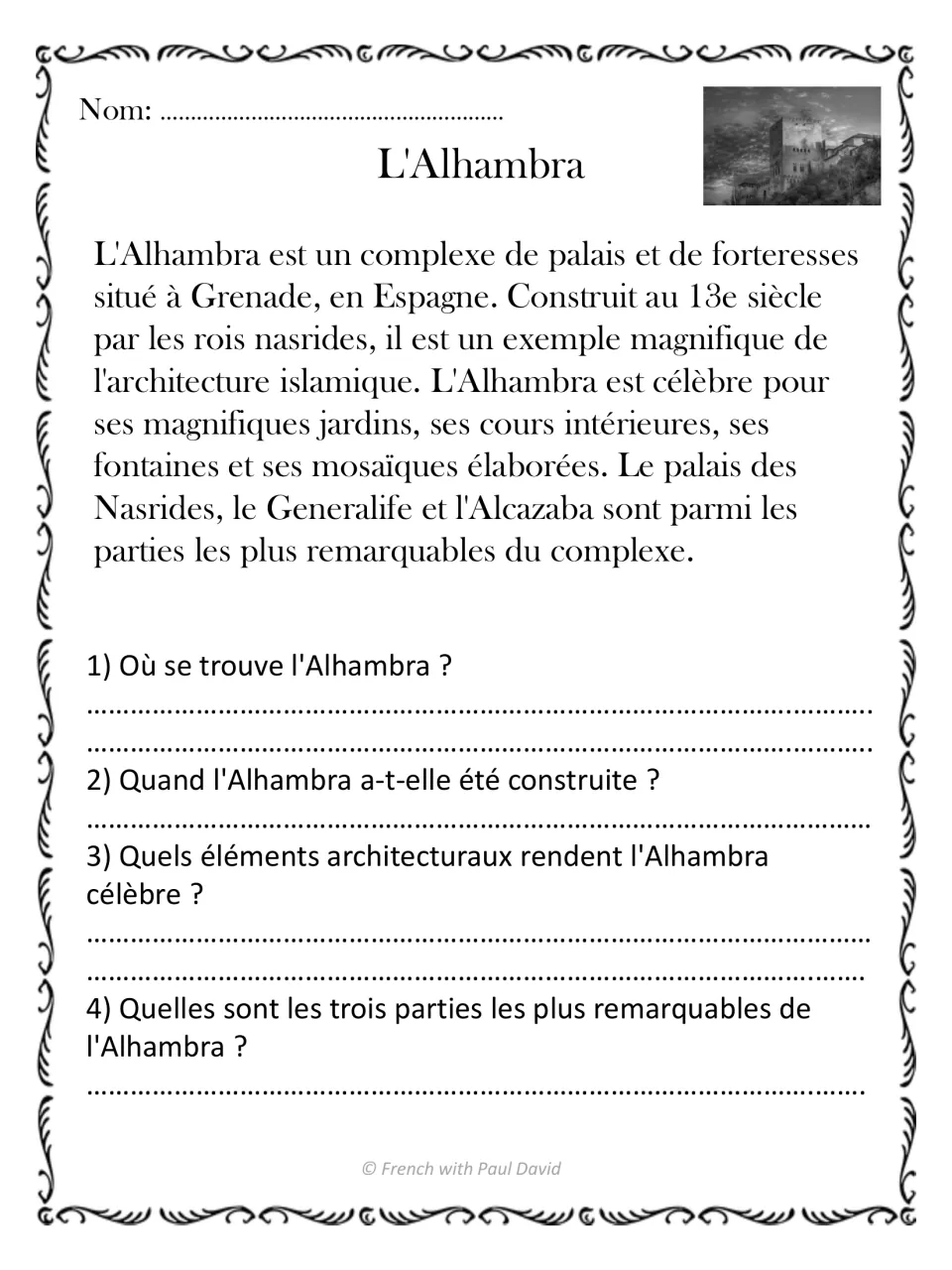 L'Alhambra: passage on the Granada palace complex with questions on its location, century, famous features and three parts