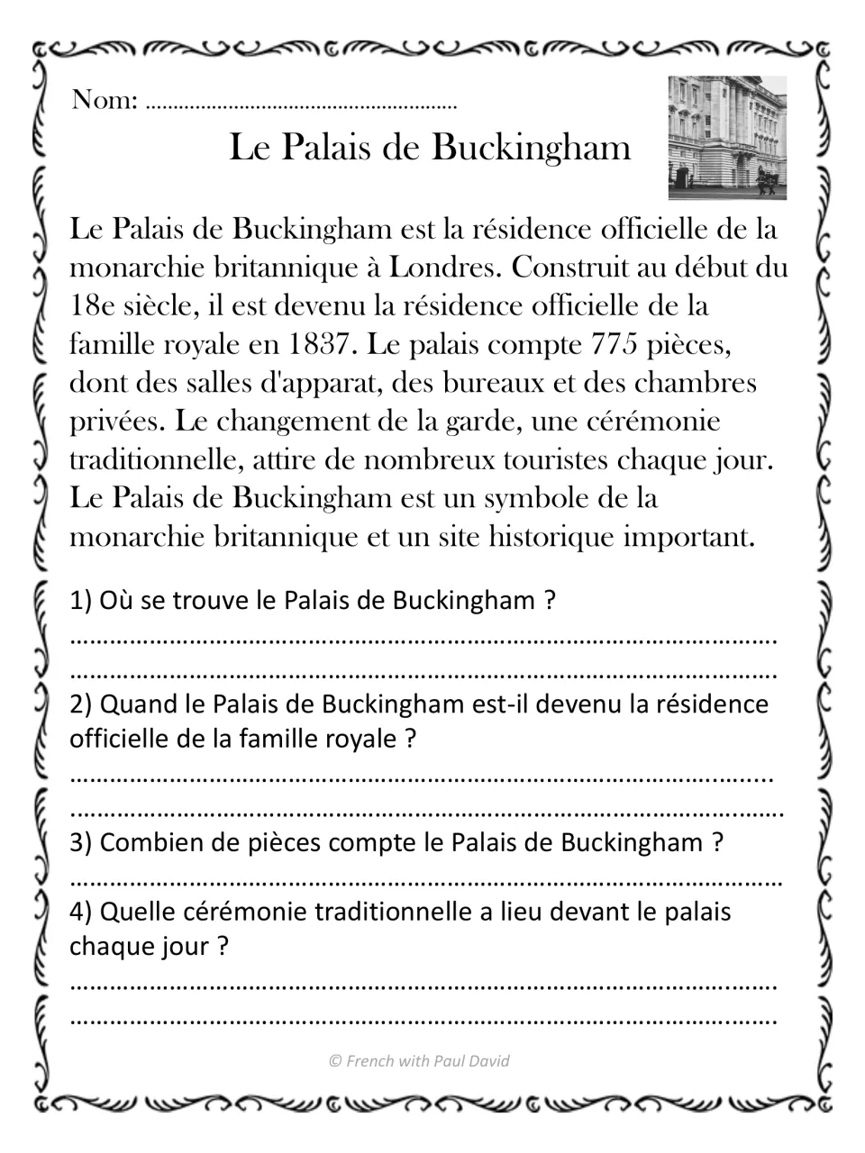Le Palais de Buckingham: French text on the London royal residence; questions ask location, 1837, room count and ceremony