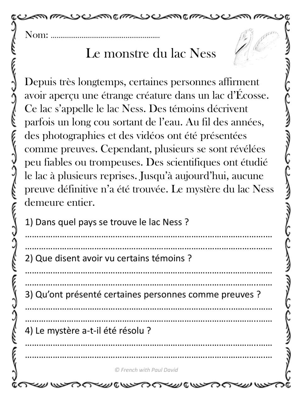 Le monstre du lac Ness: students read a French passage on Loch Ness sightings and answer 4 questions about witnesses