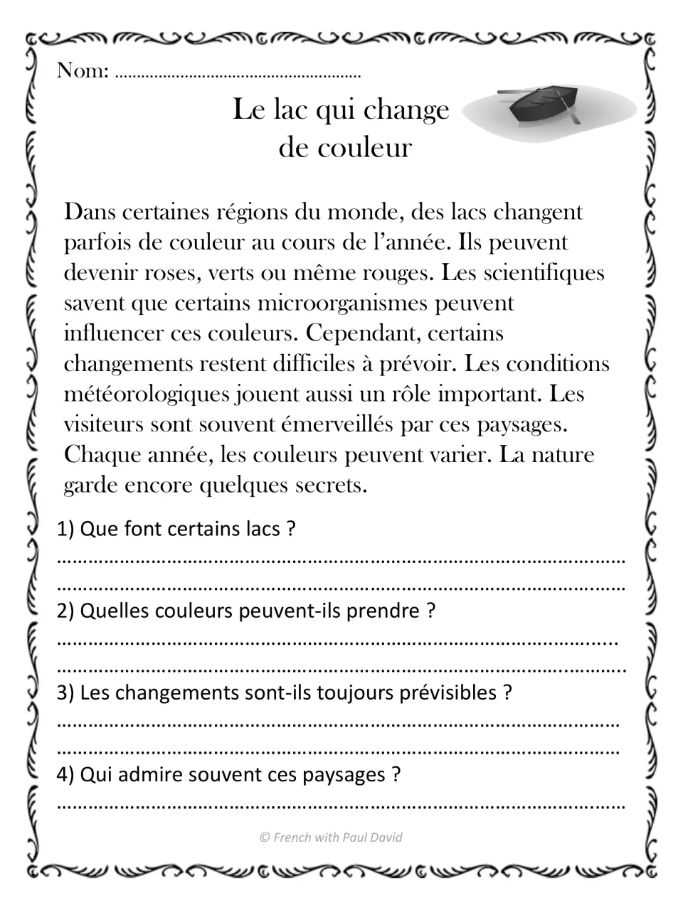 Le lac qui change de couleur: students read in French about lakes turning pink, green or red and answer 4 questions