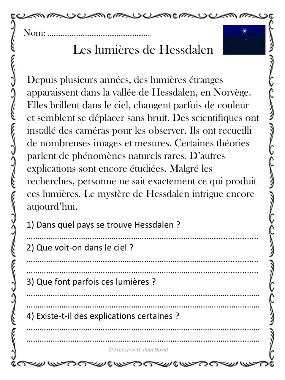Les lumières de Hessdalen: students read about strange lights in a Norwegian valley and answer 4 French questions