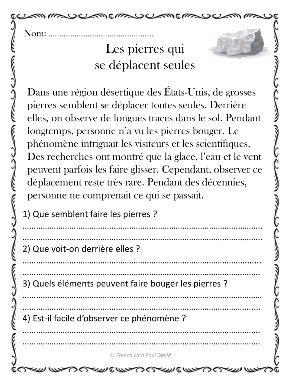 Les pierres qui se déplacent seules: students read about sliding desert stones in the US and answer 4 French questions