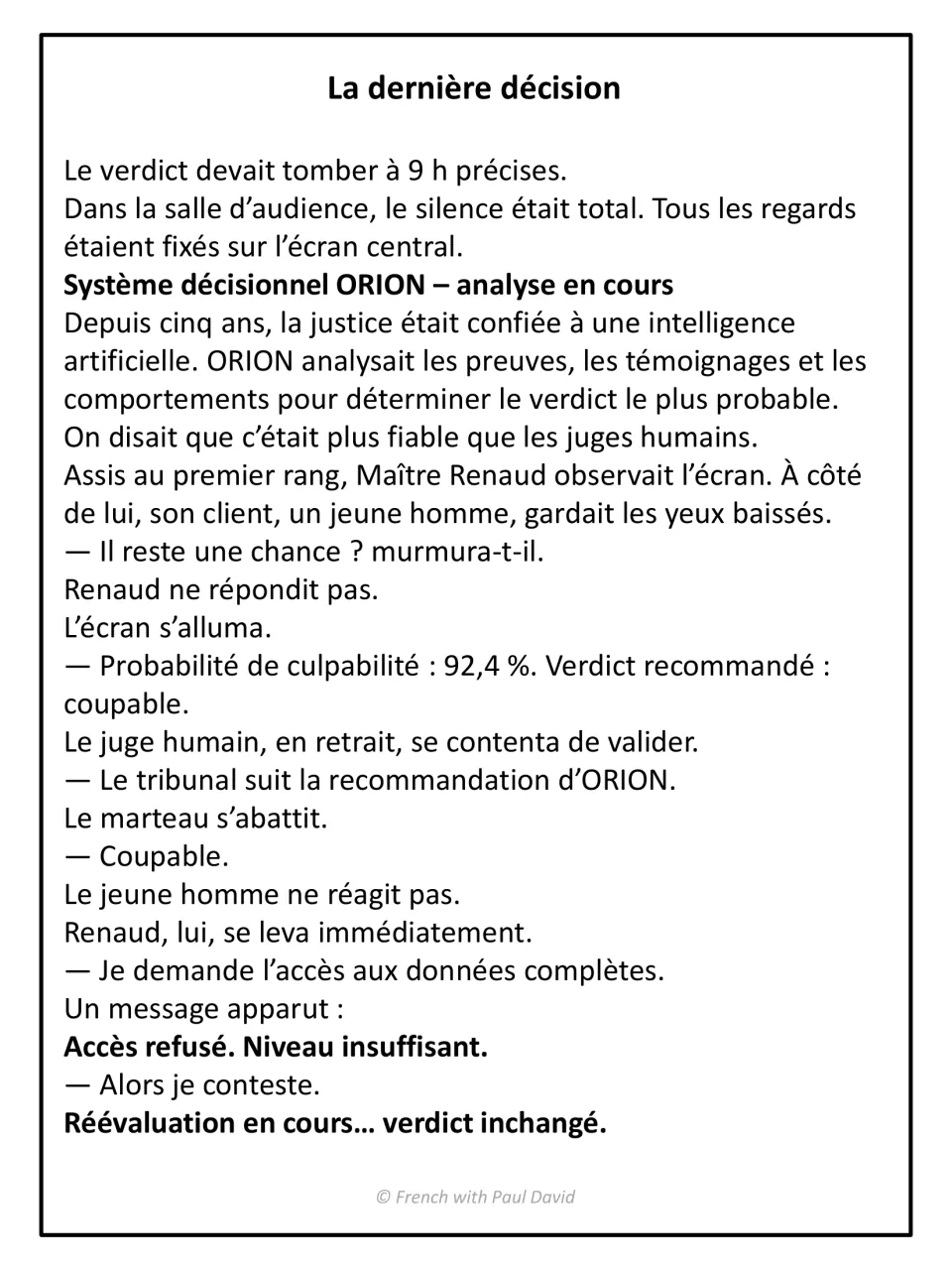 French sci-fi story La dernière décision, part 1: an AI named ORION finds a young man guilty and his lawyer Renaud objects