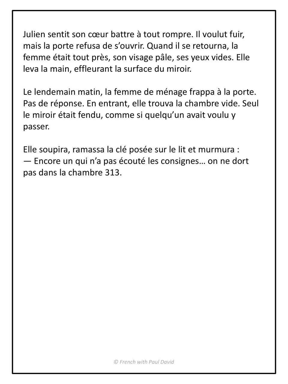 Story ending of La chambre 313: students read how Julien vanishes and the maid finds only a cracked mirror in the room