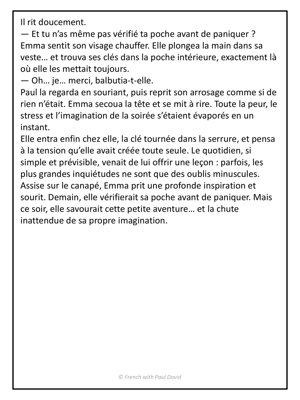 La clé oubliée, part 2: students read the ending, where Emma finds her keys in her jacket pocket and laughs at her panic