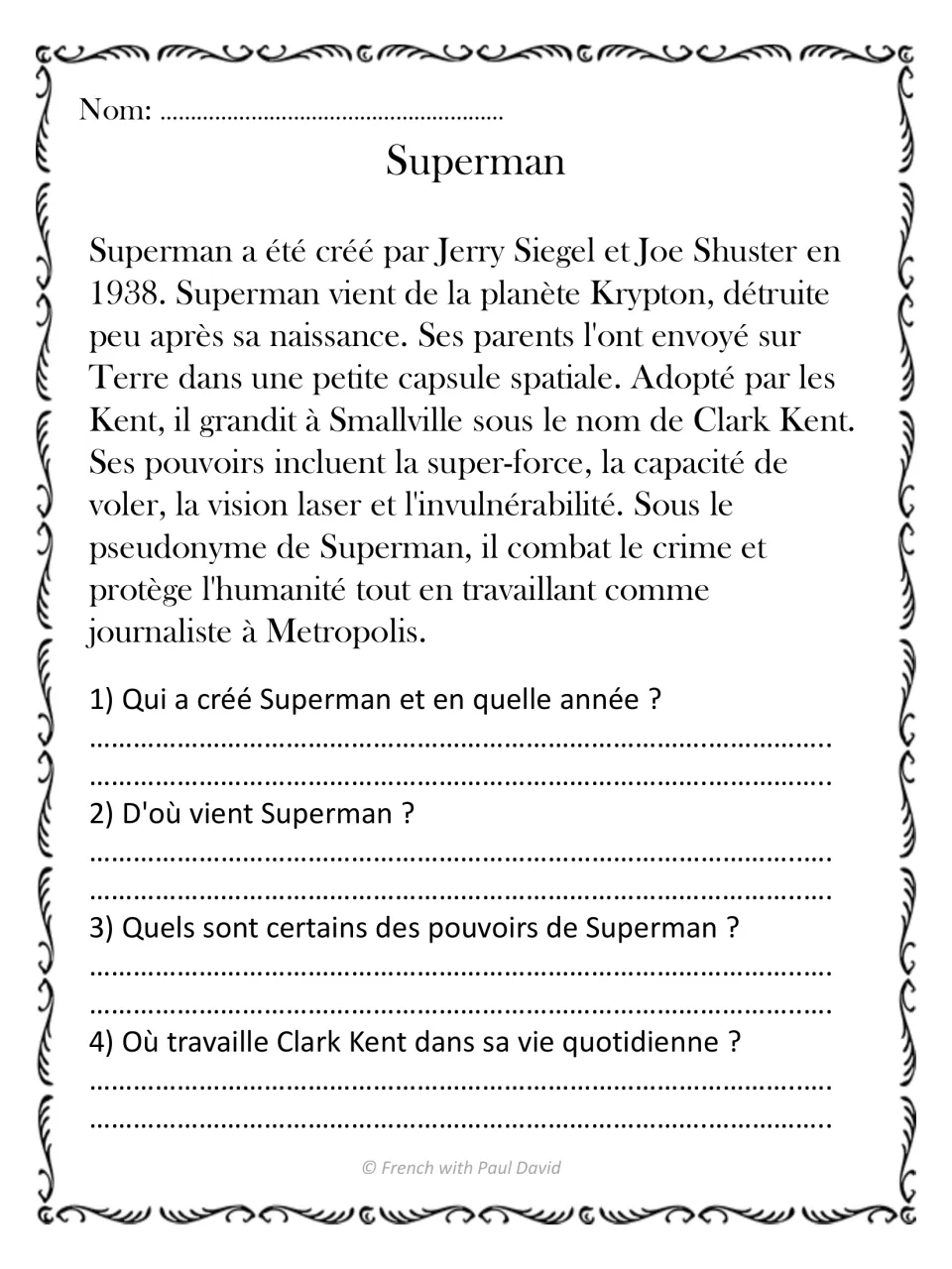 Superman reading in French: students read about Krypton and Clark Kent, then answer 4 questions on creators and powers