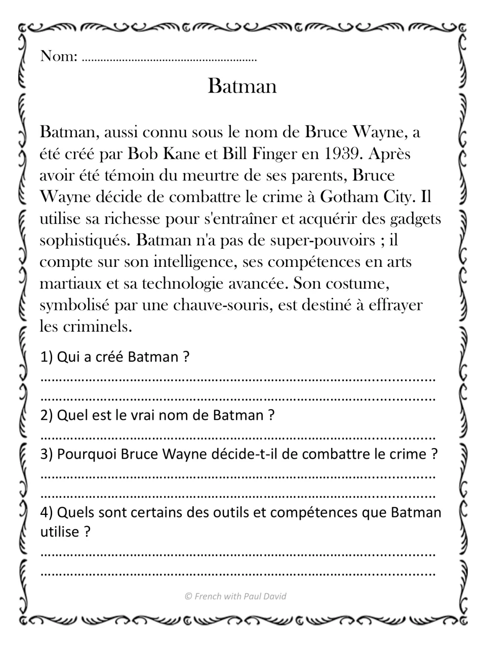 Batman reading in French: students read about Bruce Wayne and Gotham City, then answer 4 questions on his motives and tools