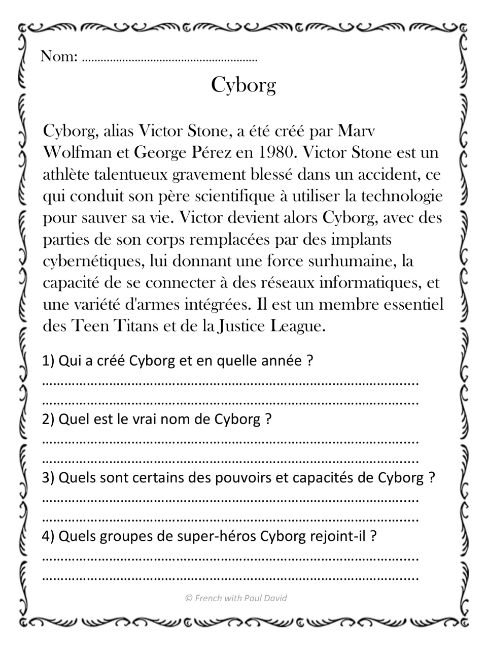 Cyborg reading in French: students read how Victor Stone became Cyborg, then answer 4 questions on his powers and teams