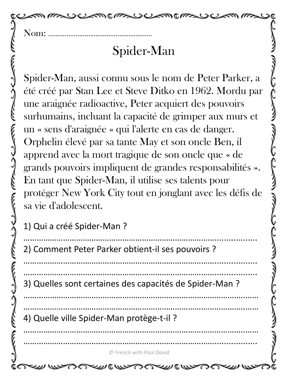 Spider-Man reading in French: students read about Peter Parker's spider bite, then answer 4 questions on his powers
