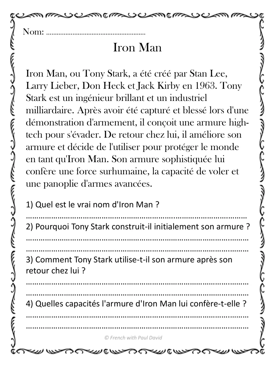 Iron Man reading in French: students read how Tony Stark built his armor, then answer 4 questions about the armor