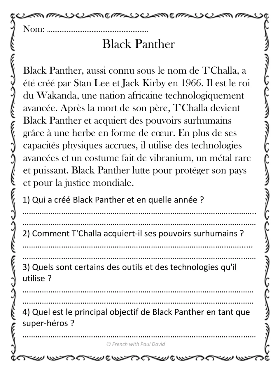 Black Panther reading in French: students read about T'Challa and Wakanda, then answer 4 questions on his powers and tools