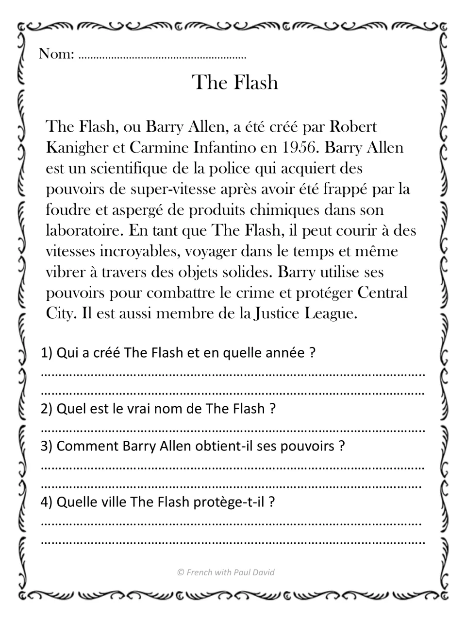 The Flash reading in French: students read how Barry Allen gained super-speed, then answer 4 questions on his origin