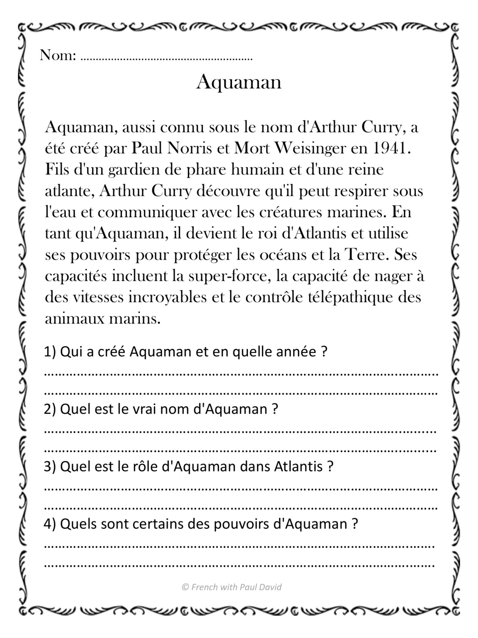 Aquaman reading in French: students read about Arthur Curry, king of Atlantis, then answer 4 questions on his powers