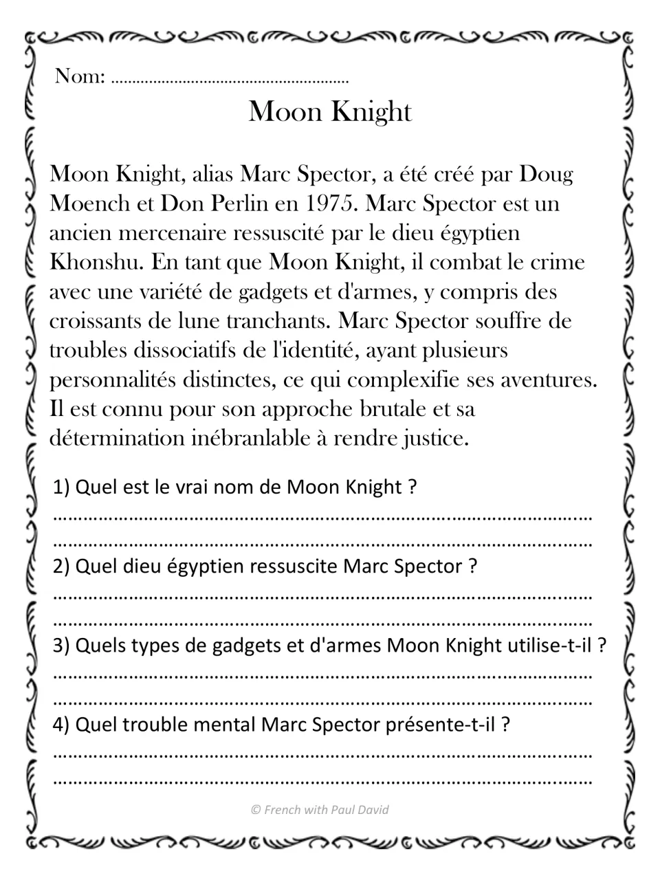 Moon Knight reading in French: students read about Marc Spector and Khonshu, then answer 4 questions on his gadgets