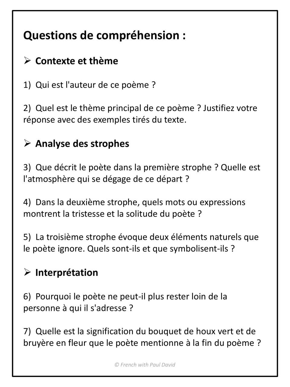 Questions de compréhension 1 to 7: students identify the author and theme, analyse each stanza, interpret the bouquet