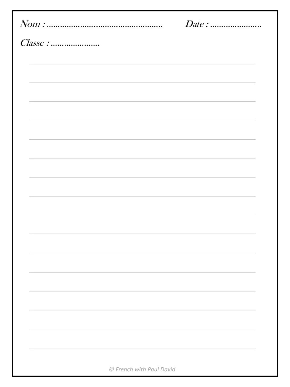 Response sheet headed Nom, Date and Classe where students write their answers to the poem's comprehension questions