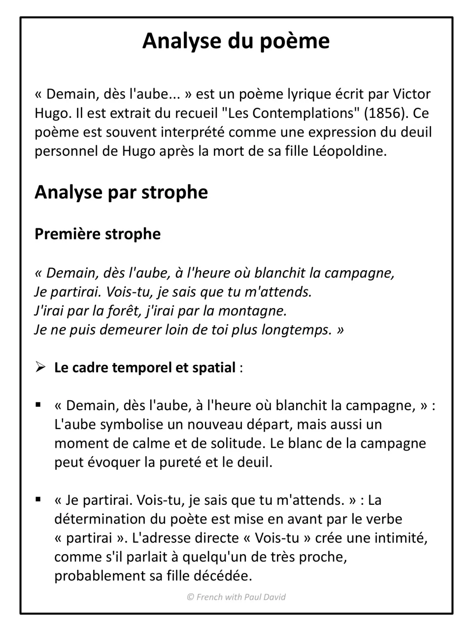 Analyse du poème: background on Hugo's grief for Léopoldine and a close reading of the first stanza's time and setting