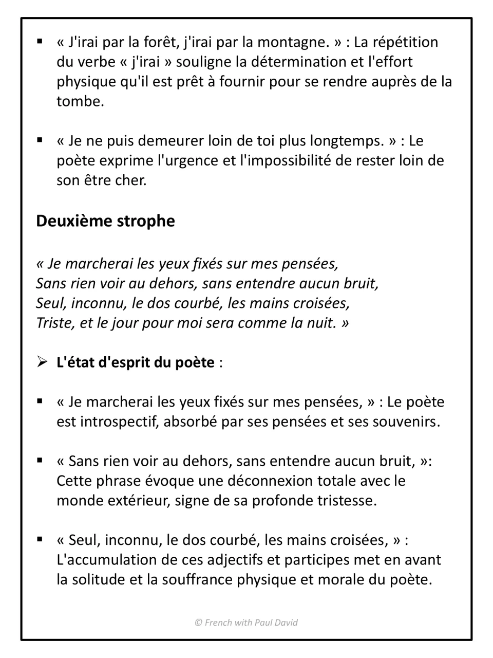 Stanza analysis continued: repetition of j'irai, then the second stanza and the poet's state of mind, solitude and sorrow