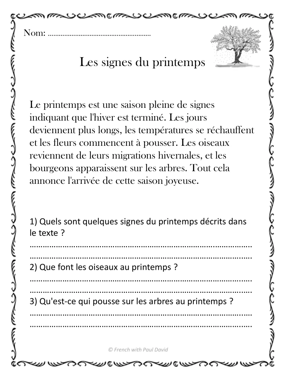 Les signes du printemps: a French text on longer days, birds and buds, then 3 written questions on the signs it lists