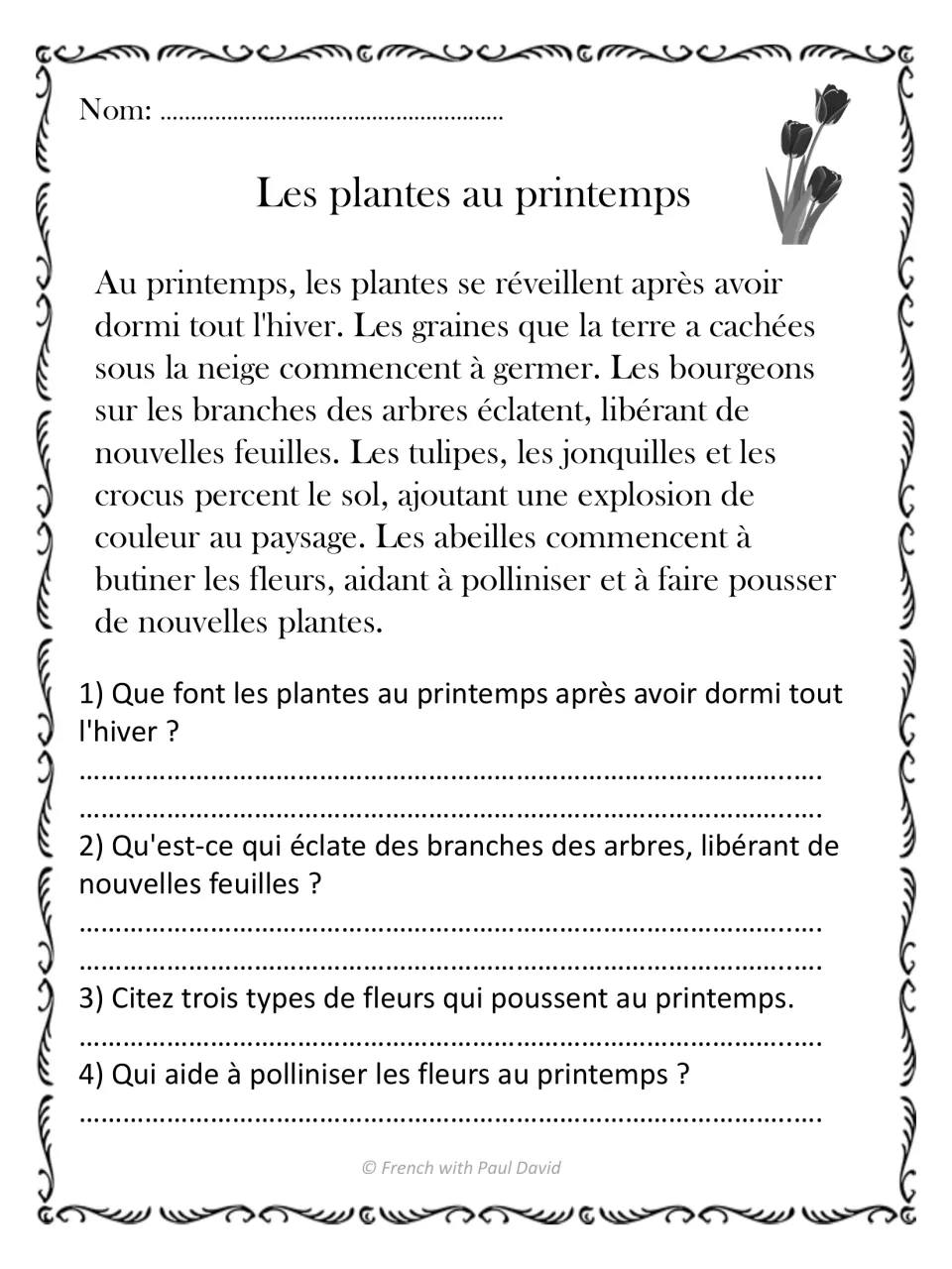 Les plantes au printemps: students read about seeds, buds, tulips and bees, then answer 4 French questions in writing