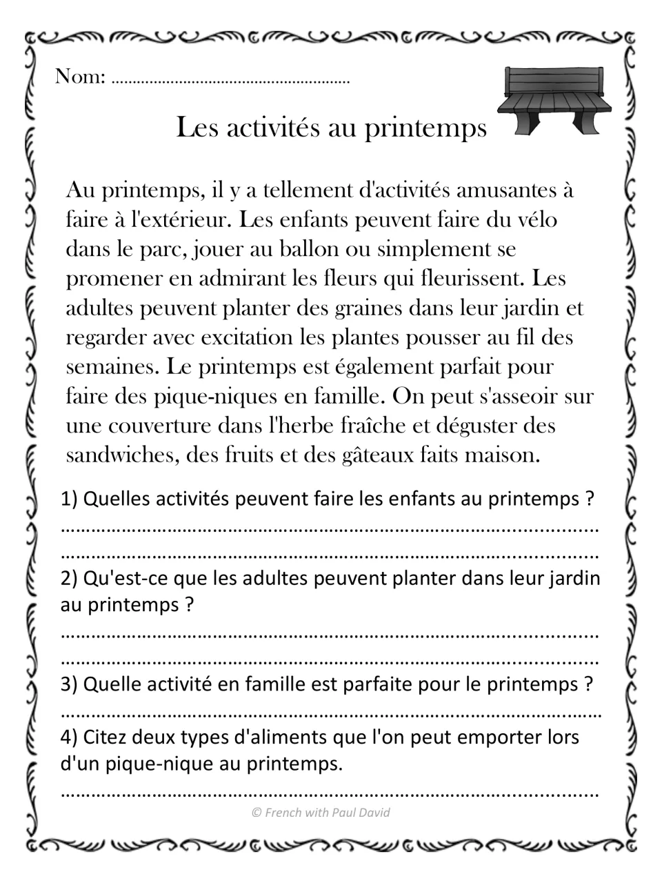 Les activités au printemps: students read about cycling, gardening and family picnics, then answer 4 questions
