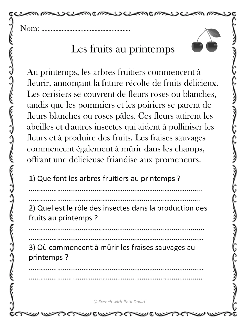 Les fruits au printemps: a text on cherry and apple blossoms, pollinating insects and wild strawberries, with 3 questions