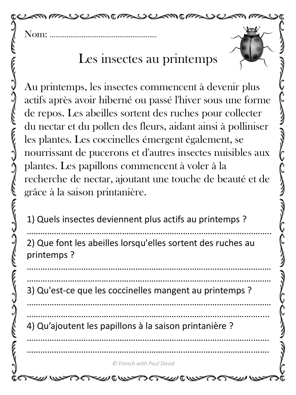 Les insectes au printemps: a passage on bees, ladybugs eating aphids and butterflies, with 4 fact-finding questions