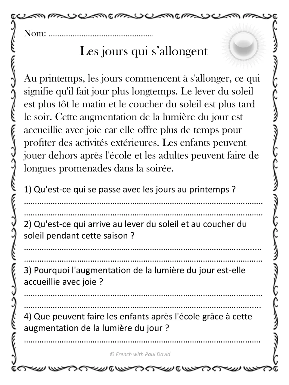 Les jours qui s'allongent: a text about earlier sunrises and later sunsets, then 4 questions on longer daylight