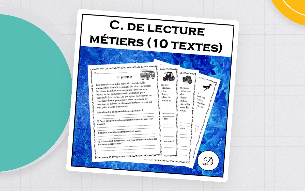 Compréhension de lecture Métiers cover with profession passage-and-question previews.