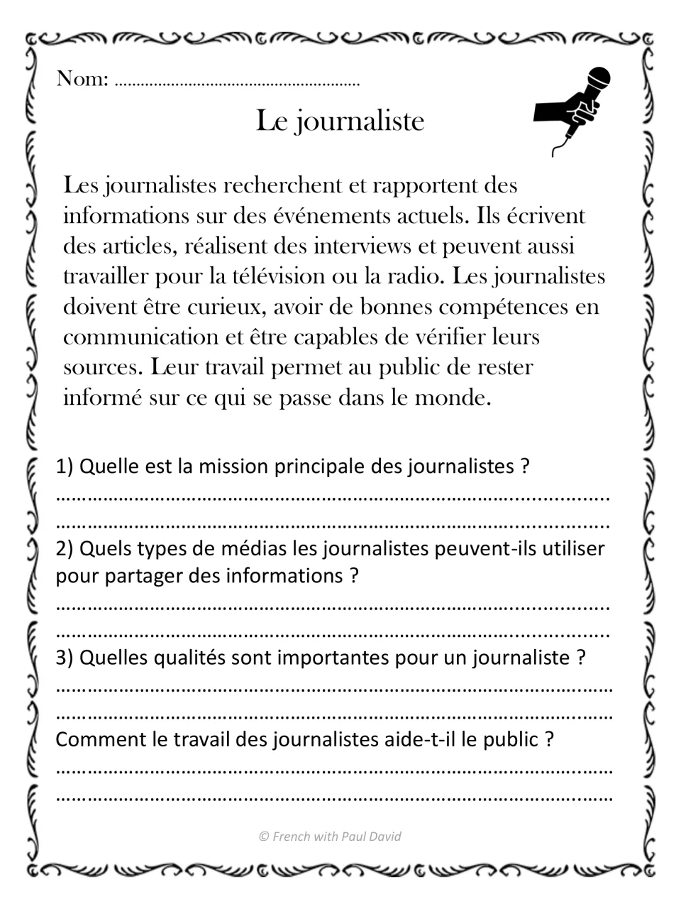 Le journaliste reading text: students answer questions on news reporting, media used and a journalist's qualities