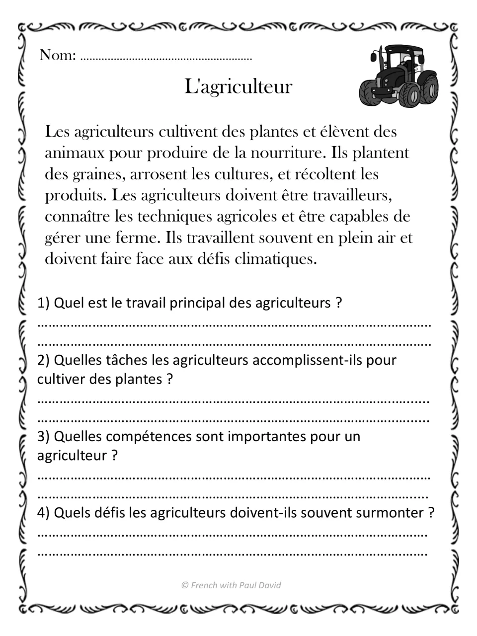 L'agriculteur passage in French: students answer 4 questions on farm tasks, farming skills and climate challenges