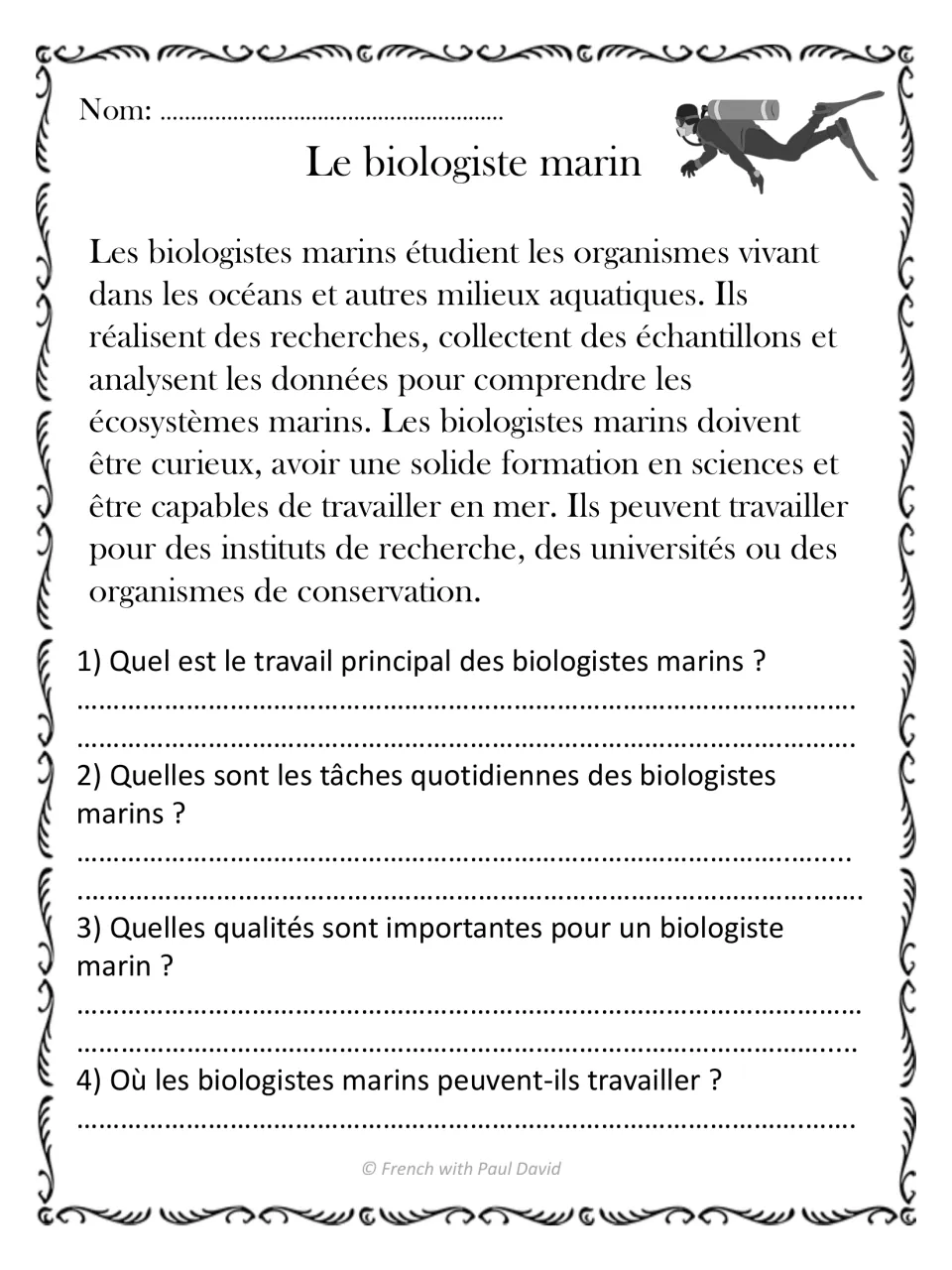 Le biologiste marin reading text: students answer 4 questions on ocean research, daily tasks and where they work