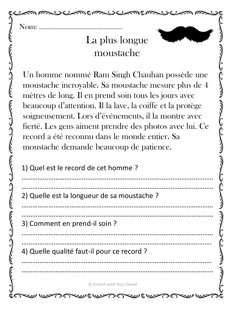 La plus longue moustache: students read a French text about a 4-metre moustache and answer 4 comprehension questions