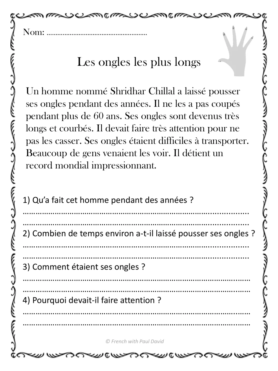 Les ongles les plus longs: French text on Shridhar Chillal's 60 years of nail growth, then 4 questions to answer in writing