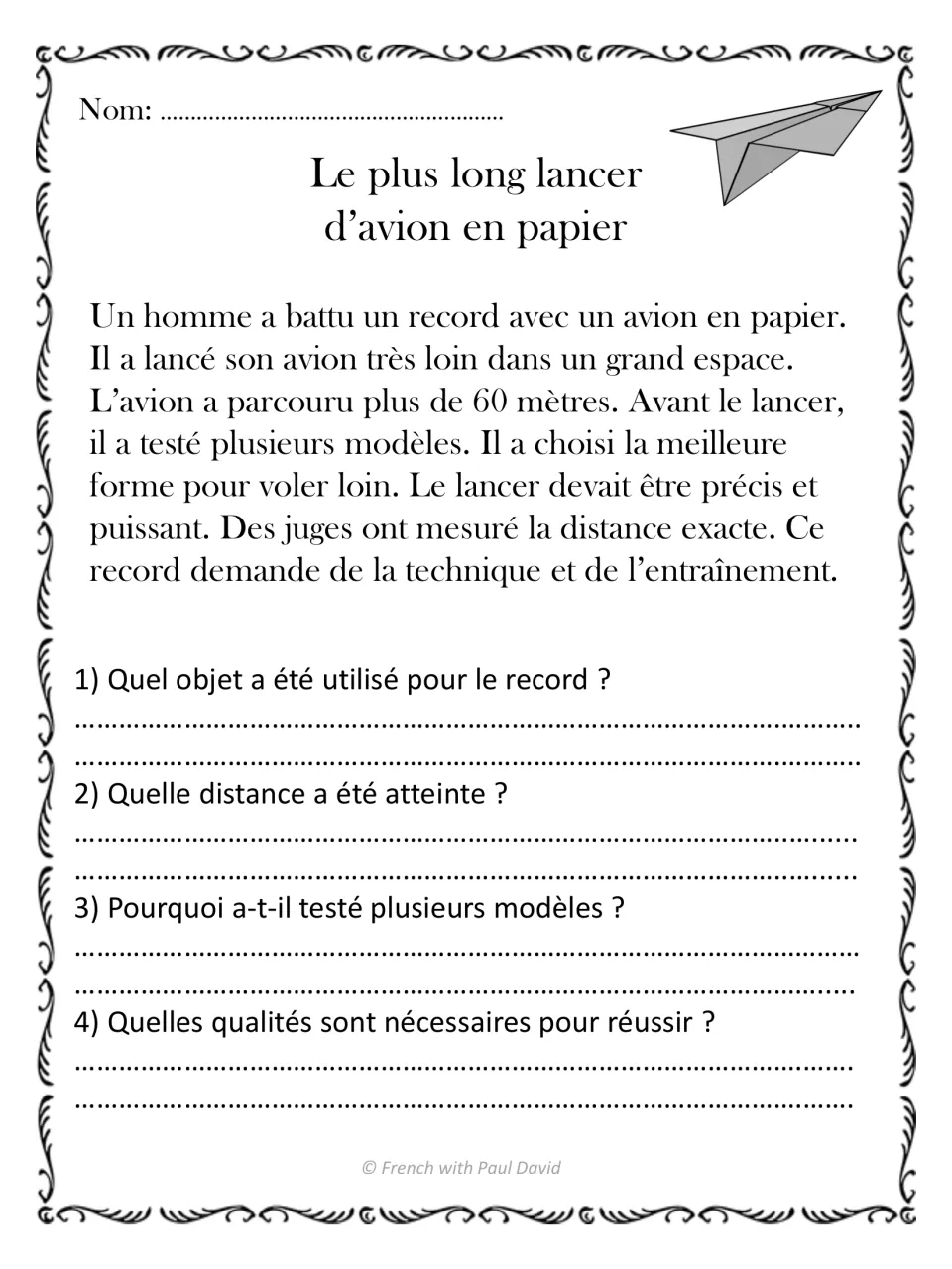 Le plus long lancer d'avion en papier: French text on a 60-metre paper plane throw, followed by 4 comprehension questions