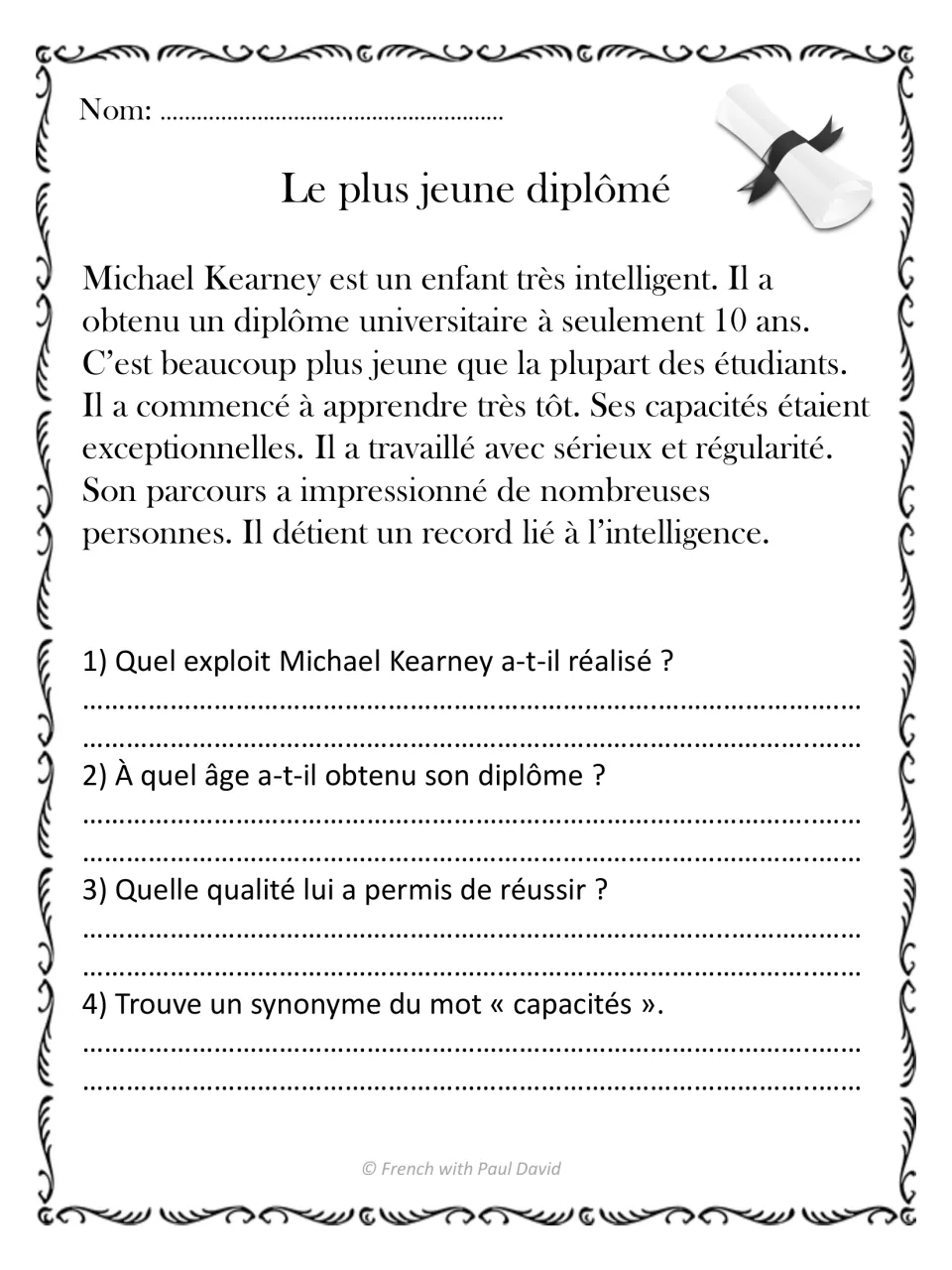 Le plus jeune diplômé: French text on Michael Kearney's degree at age 10, with recall questions and a synonym for capacités